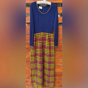Concept 70s Swirl Maxi Dress with Empire Waist- Navy/Red/Yellow/Orange- Small
